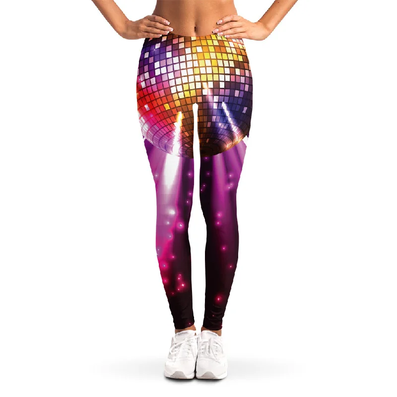 Purple Light Disco Ball Print Women's Leggings Fashionable Embroidered Detail Leggings
