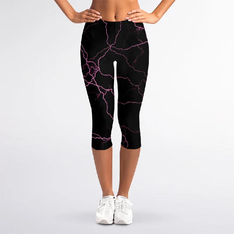 Purple Lightning Print Women's Capri Leggings Comfortable Capri-Length Leggings