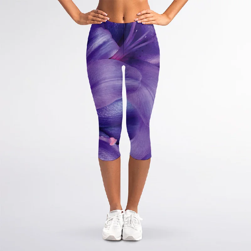 Purple Lily Flower Print Women's Capri Leggings Trendy Tie-Dye Leggings