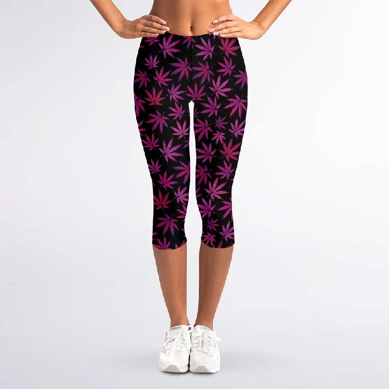 Purple Marijuana Leaf Pattern Print Women's Capri Leggings Stylish Stretch-Waist Leggings Purple Marijuana Leaf Pattern Print Women's Capri Leggings Stylish Stretch-Waist Leggings