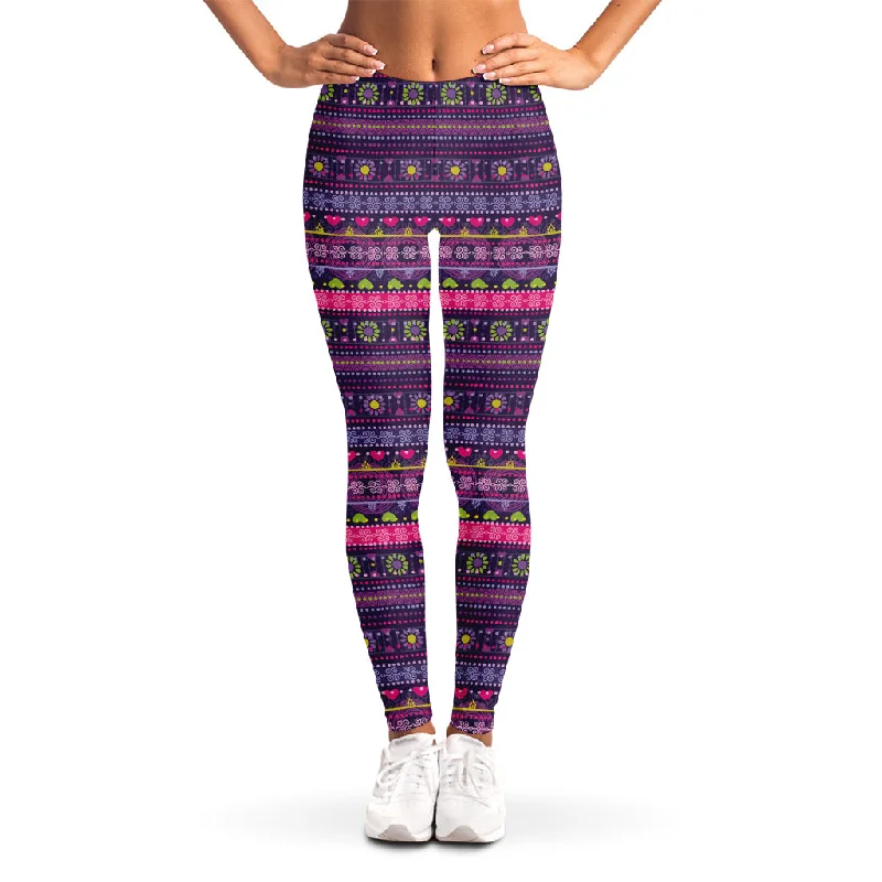 Purple Native Tribal Pattern Print Women's Leggings Elegant Full-Body Leggings
