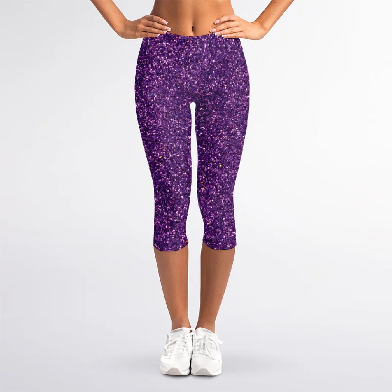 Purple (NOT Real) Glitter Print Women's Capri Leggings Trendy Adjustable Waist Leggings Purple (NOT Real) Glitter Print Women's Capri Leggings Trendy Adjustable Waist Leggings