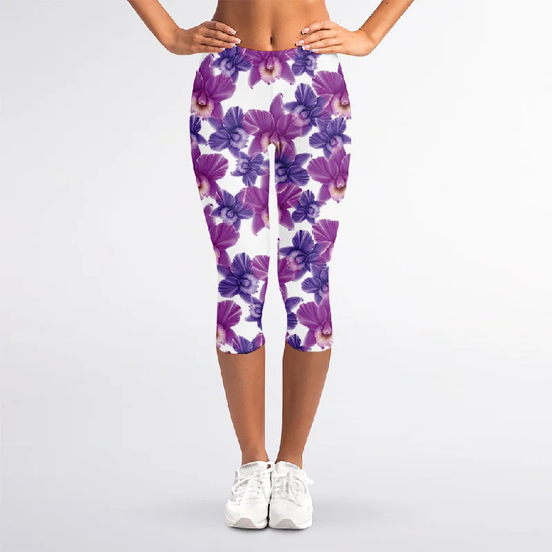 Purple Orchid Flower Pattern Print Women's Capri Leggings Stylish Printed Stretch Leggings