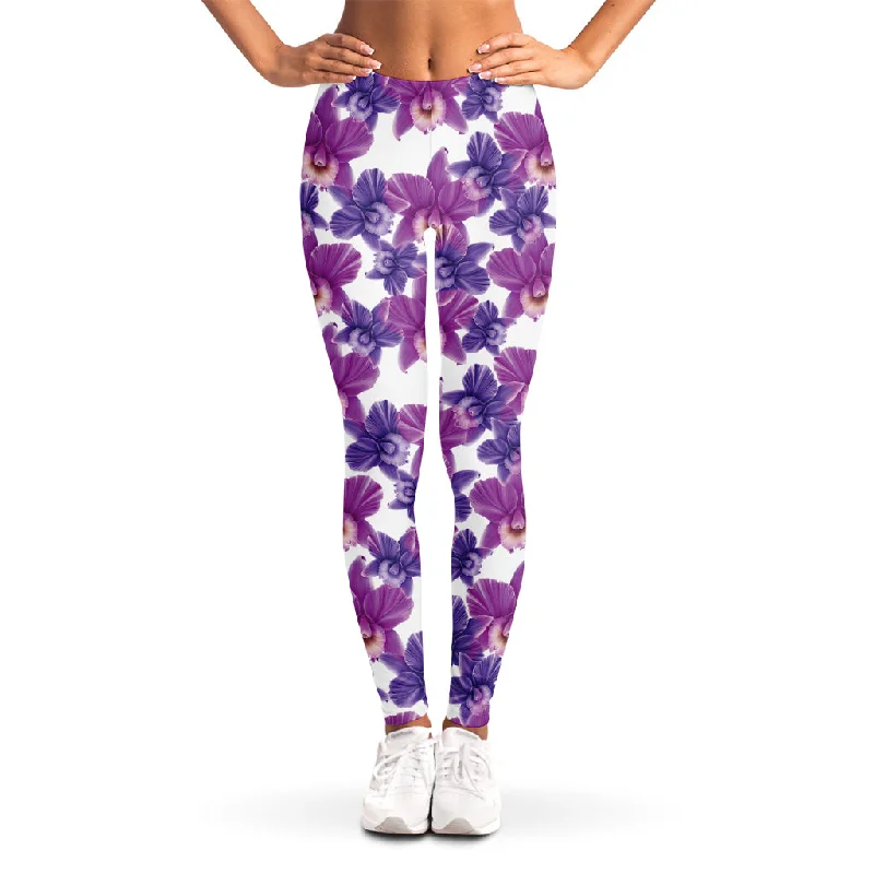 Purple Orchid Flower Pattern Print Women's Leggings Comfortable Zip-Up Leggings