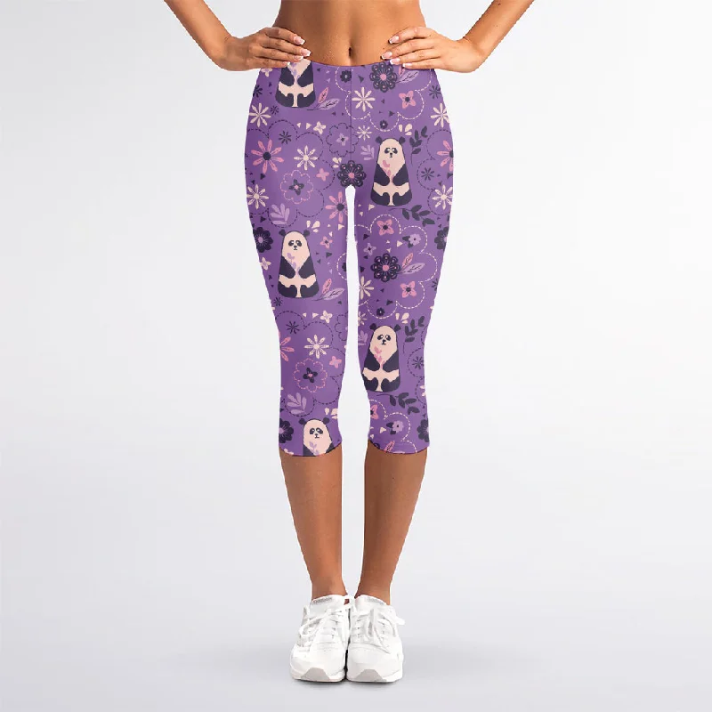 Purple Panda And Flower Pattern Print Women's Capri Leggings Stylish Ankle-Length Leggings Purple Panda And Flower Pattern Print Women's Capri Leggings Stylish Ankle-Length Leggings