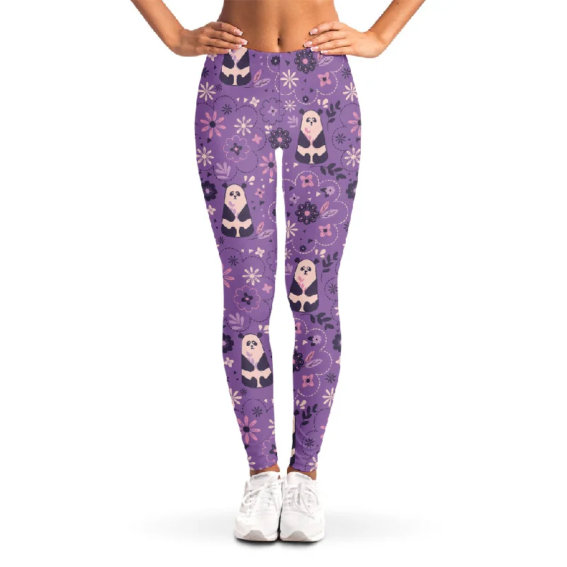 Purple Panda And Flower Pattern Print Women's Leggings Comfortable Printed Workout Leggings Purple Panda And Flower Pattern Print Women's Leggings Comfortable Printed Workout Leggings