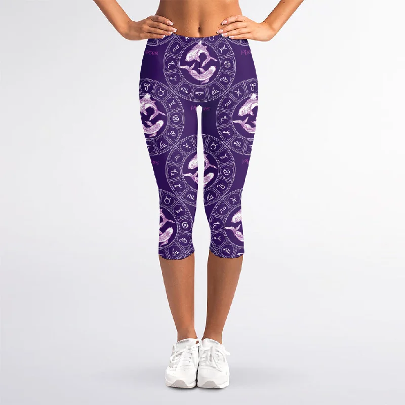 Purple Pisces Zodiac Pattern Print Women's Capri Leggings Fashionable Leather-Look Leggings Purple Pisces Zodiac Pattern Print Women's Capri Leggings Fashionable Leather-Look Leggings
