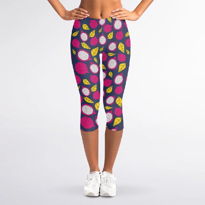 Purple Pitaya Pattern Print Women's Capri Leggings Casual Sporty Leggings