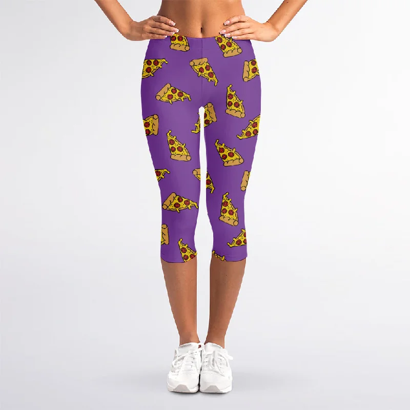 Purple Pizza Pattern Print Women's Capri Leggings Cozy Cotton Leggings