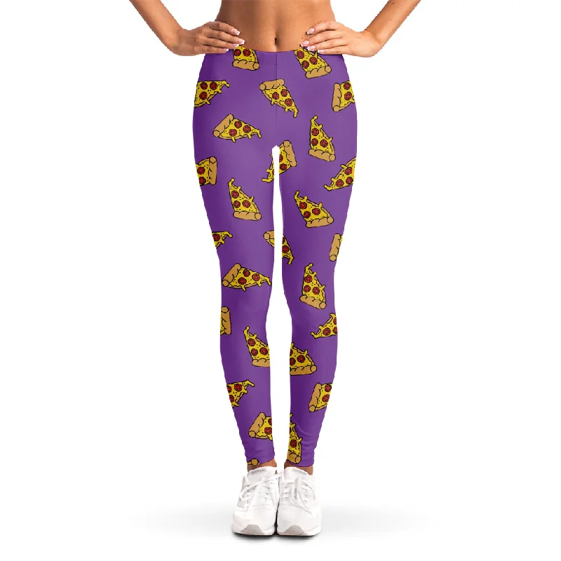 Purple Pizza Pattern Print Women's Leggings Chic Printed Yoga Pants