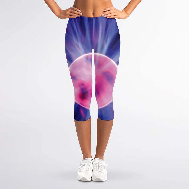 Purple Plasma Ball Print Women's Capri Leggings Trendy Full-Length Leggings