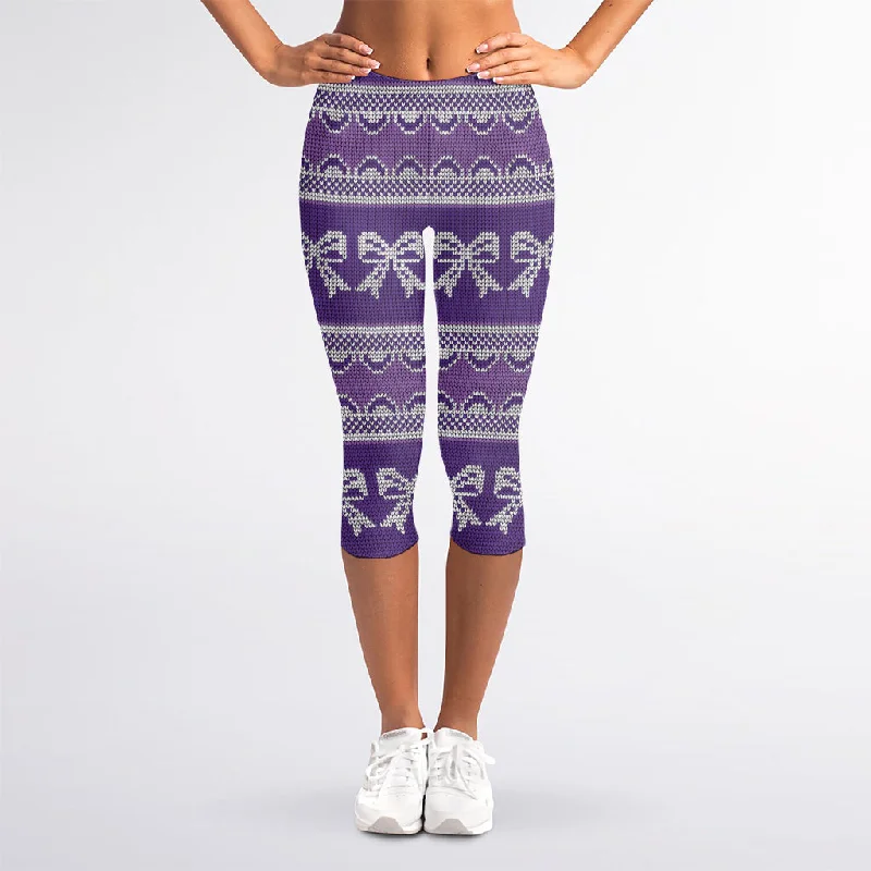 Purple Ribbon Knitted Pattern Print Women's Capri Leggings Stylish Lightweight Leggings Purple Ribbon Knitted Pattern Print Women's Capri Leggings Stylish Lightweight Leggings