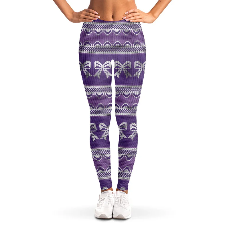 Purple Ribbon Knitted Pattern Print Women's Leggings Elegant Embellished Leggings
