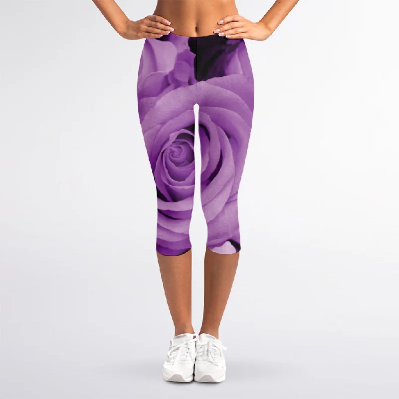 Purple Rose Print Women's Capri Leggings Trendy Cut-Out Activewear Leggings