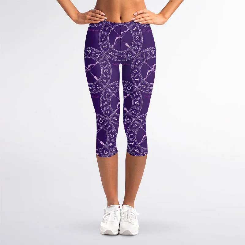 Purple Sagittarius Zodiac Pattern Print Women's Capri Leggings Stylish Printed Sport Leggings Purple Sagittarius Zodiac Pattern Print Women's Capri Leggings Stylish Printed Sport Leggings