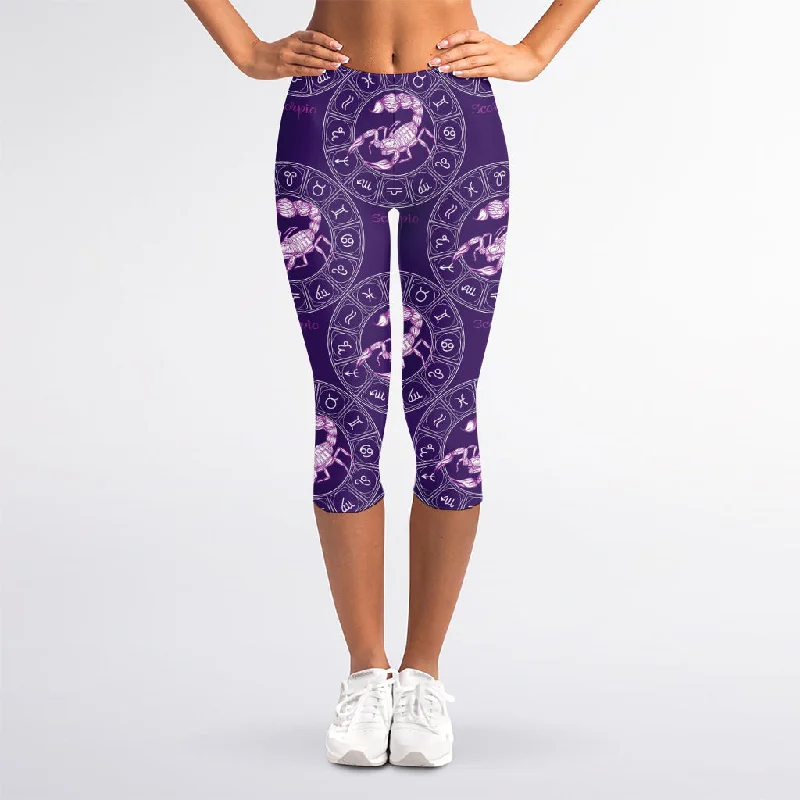 Purple Scorpio Zodiac Pattern Print Women's Capri Leggings Elegant Printed Leggings with Pockets Purple Scorpio Zodiac Pattern Print Women's Capri Leggings Elegant Printed Leggings with Pockets
