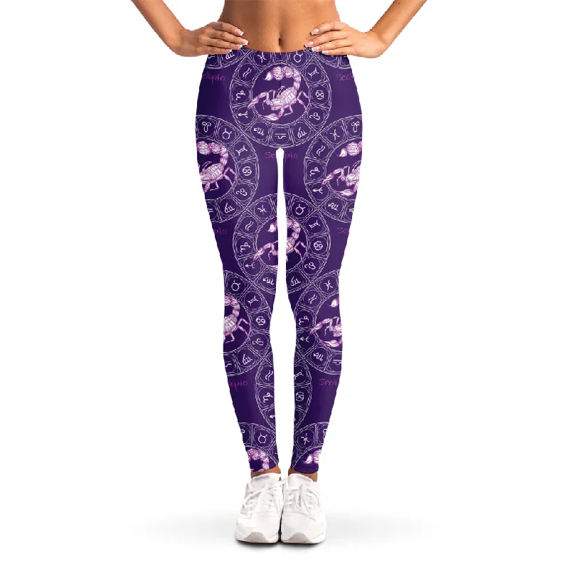 Purple Scorpio Zodiac Pattern Print Women's Leggings Trendy Seamless Fit Leggings
