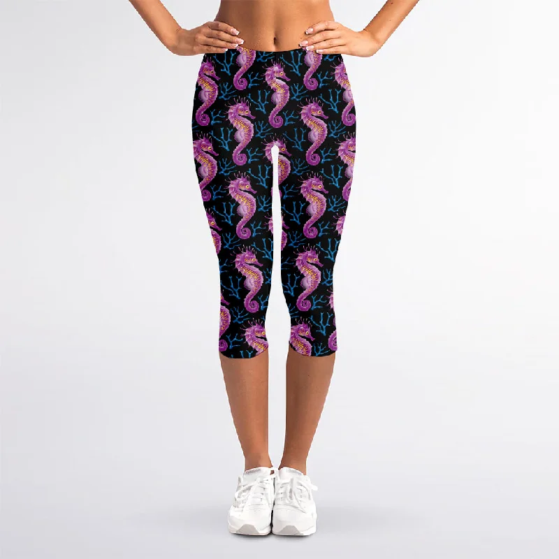 Purple Seahorse Pattern Print Women's Capri Leggings Stylish Side-Stripe Leggings