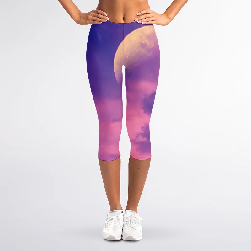 Purple Sky And Full Moon Print Women's Capri Leggings Comfortable Ribbed Sports Leggings Purple Sky And Full Moon Print Women's Capri Leggings Comfortable Ribbed Sports Leggings
