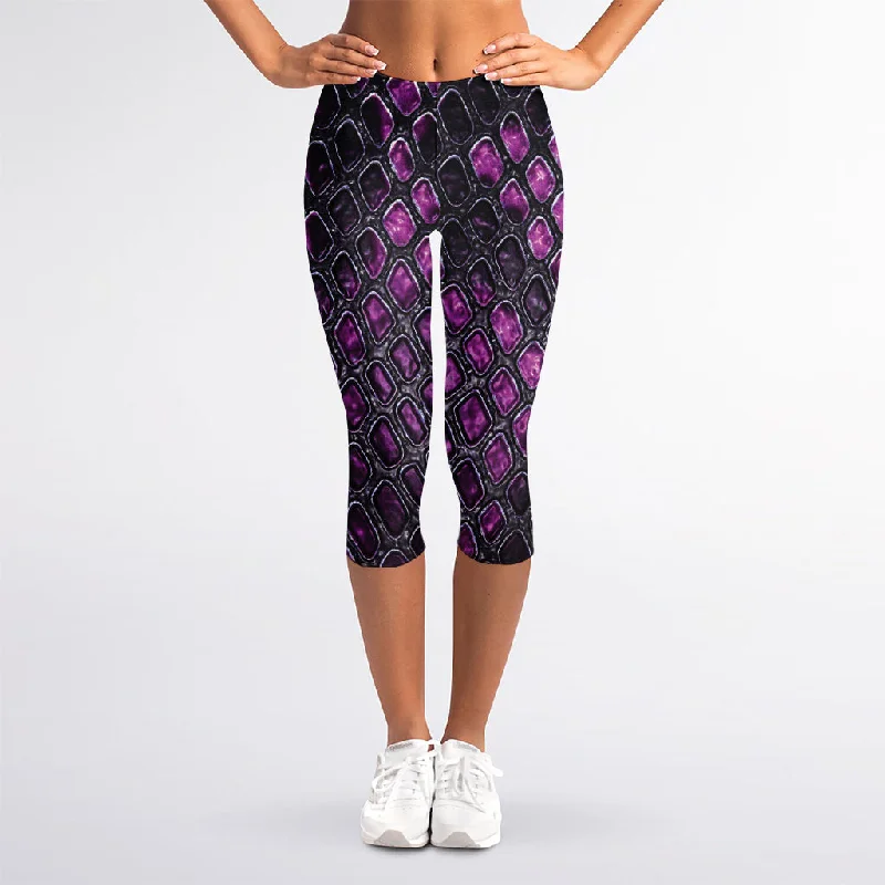 Purple Snakeskin Print Women's Capri Leggings Fashionable Minimal Active Leggings