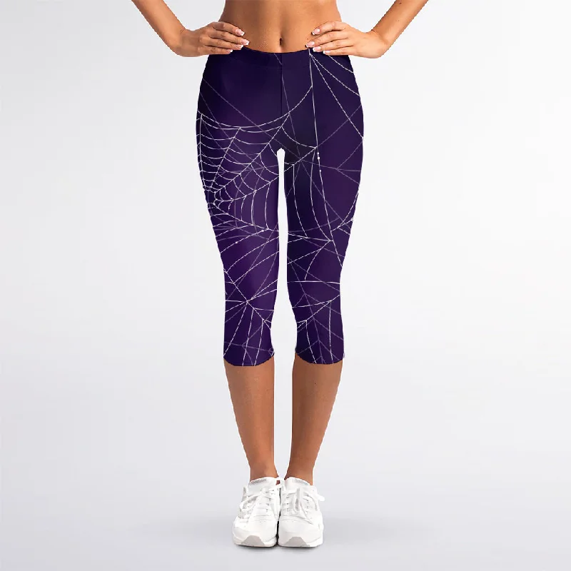 Purple Spider Web Pattern Print Women's Capri Leggings Stylish Capri Leggings
