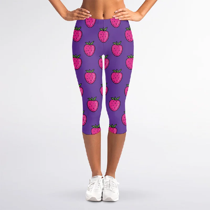 Purple Strawberry Pattern Print Women's Capri Leggings Trendy Colorblock Print Leggings Purple Strawberry Pattern Print Women's Capri Leggings Trendy Colorblock Print Leggings
