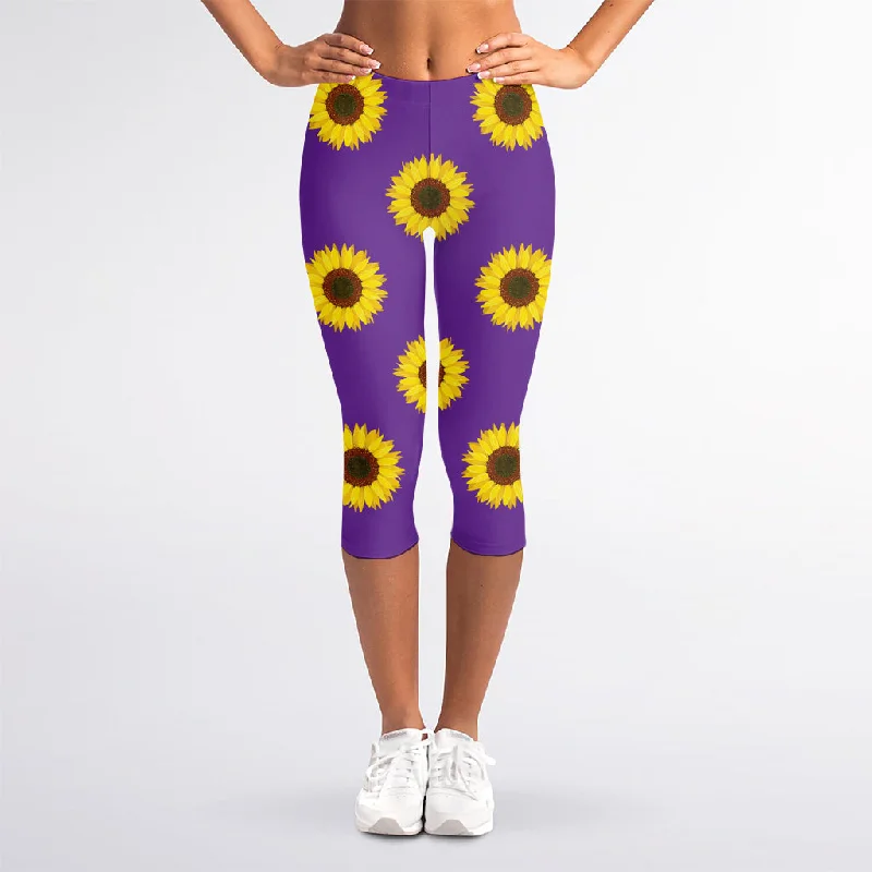 Purple Sunflower Pattern Print Women's Capri Leggings Trendy Leather-Look Workout Leggings Purple Sunflower Pattern Print Women's Capri Leggings Trendy Leather-Look Workout Leggings