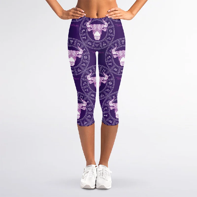 Purple Taurus Zodiac Pattern Print Women's Capri Leggings Trendy Sweat-Wicking Workout Leggings Purple Taurus Zodiac Pattern Print Women's Capri Leggings Trendy Sweat-Wicking Workout Leggings