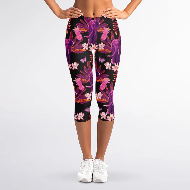 Purple Tropical Elephant Pattern Print Women's Capri Leggings Cozy Yoga Compression Leggings Purple Tropical Elephant Pattern Print Women's Capri Leggings Cozy Yoga Compression Leggings