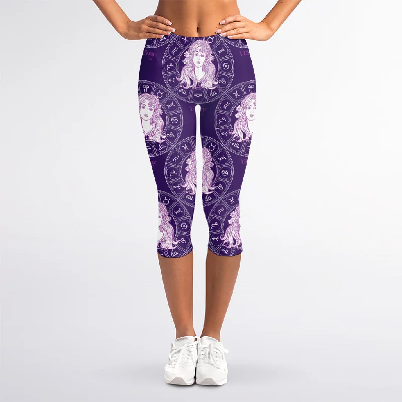 Purple Virgo Zodiac Pattern Print Women's Capri Leggings Fashionable Solid Color Tights Purple Virgo Zodiac Pattern Print Women's Capri Leggings Fashionable Solid Color Tights