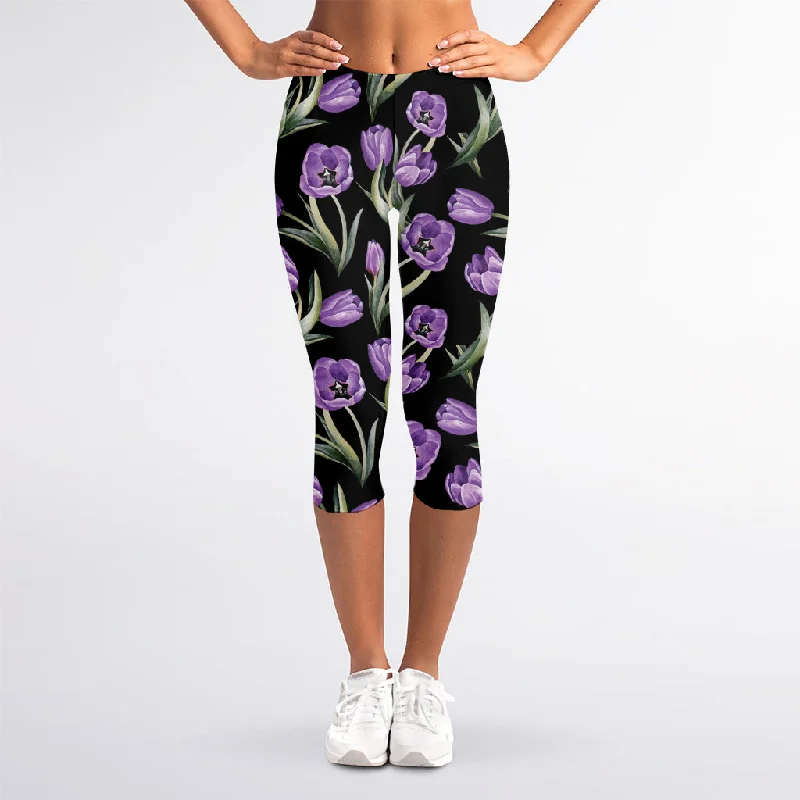 Purple Watercolor Tulip Pattern Print Women's Capri Leggings Cozy Fashion Leggings