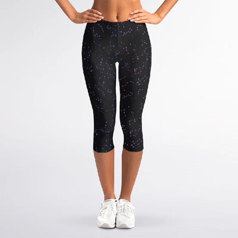 Purple Zodiac Stars Pattern Print Women's Capri Leggings Comfortable Tummy Shaping Leggings Purple Zodiac Stars Pattern Print Women's Capri Leggings Comfortable Tummy Shaping Leggings