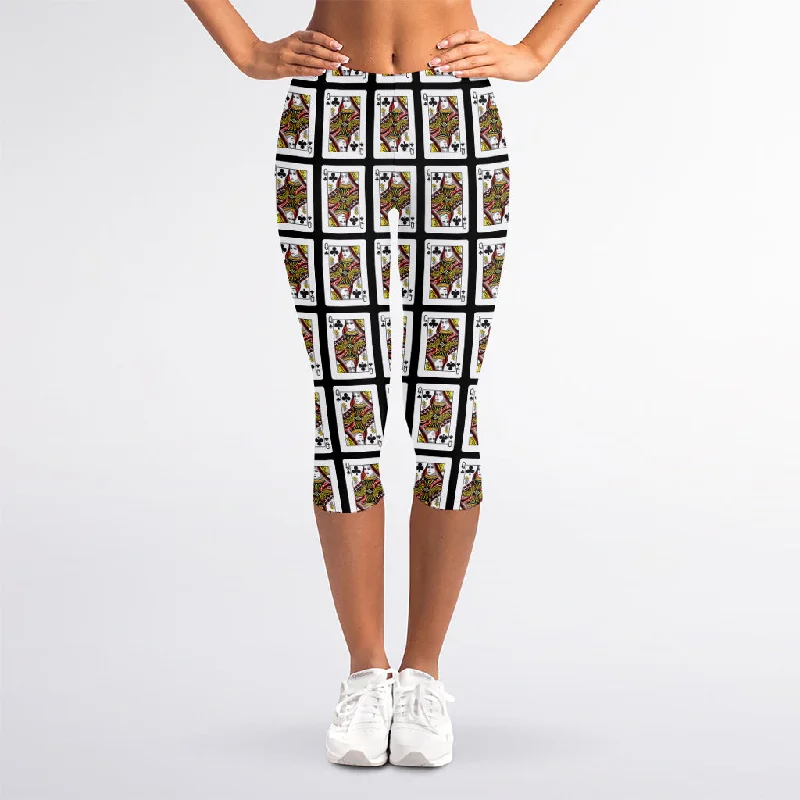 Queen Of Clubs Pattern Print Women's Capri Leggings Comfortable Leggings with Pockets Queen Of Clubs Pattern Print Women's Capri Leggings Comfortable Leggings with Pockets