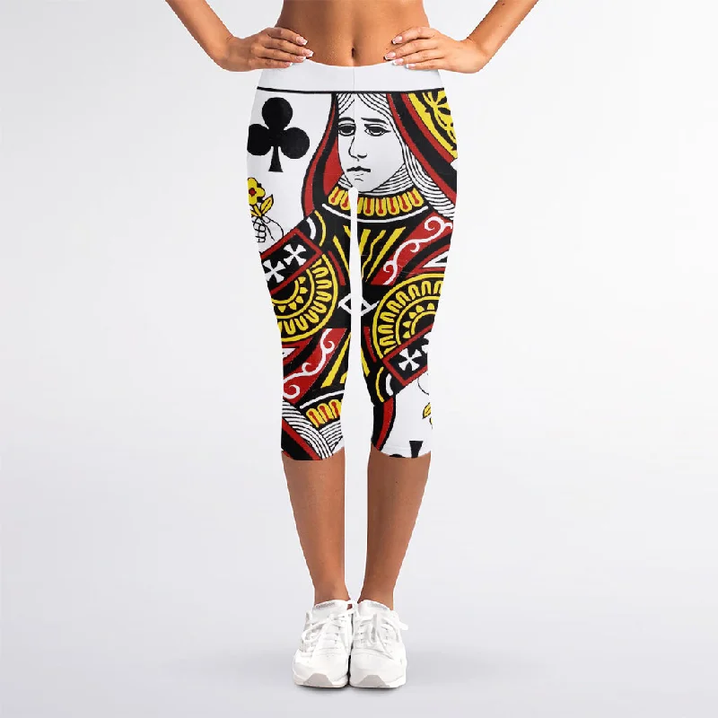 Queen Of Clubs Playing Card Print Women's Capri Leggings Trendy Sporty Compression Leggings Queen Of Clubs Playing Card Print Women's Capri Leggings Trendy Sporty Compression Leggings