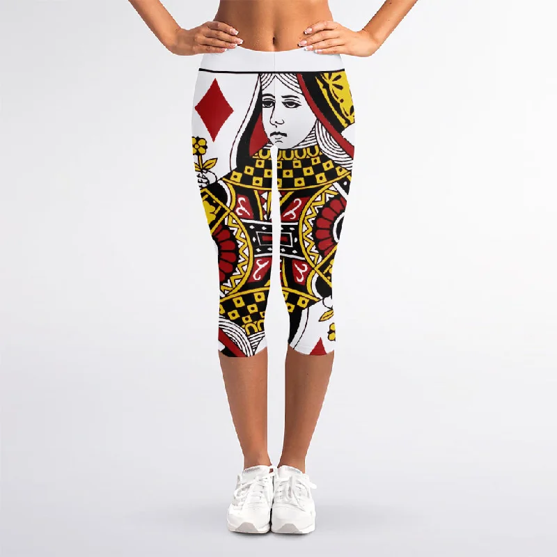 Queen Of Diamonds Playing Card Print Women's Capri Leggings Stylish Athletic Wear Leggings