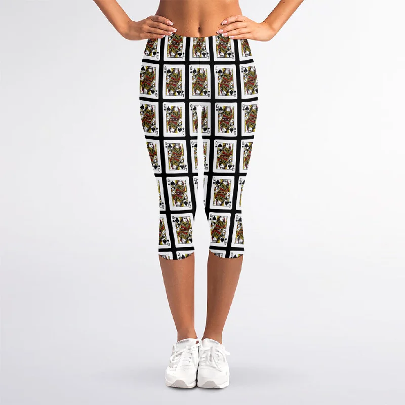 Queen Of Spades Pattern Print Women's Capri Leggings Trendy Black Mesh Leggings