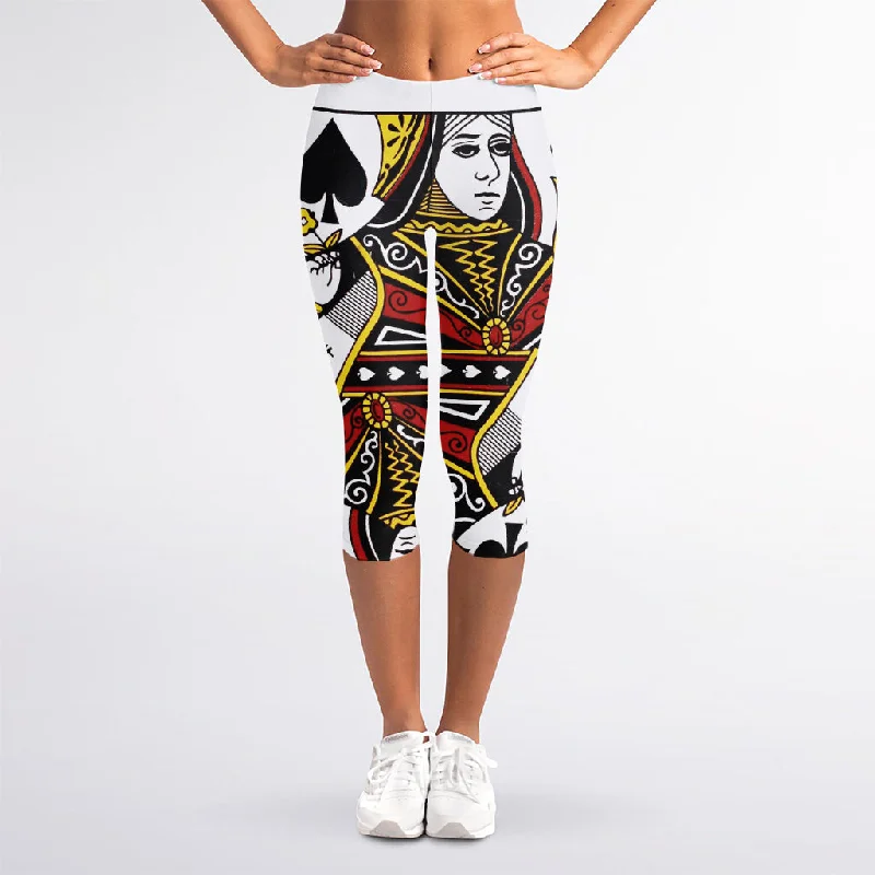 Queen Of Spades Playing Card Print Women's Capri Leggings Comfortable Printed Workout Leggings Queen Of Spades Playing Card Print Women's Capri Leggings Comfortable Printed Workout Leggings