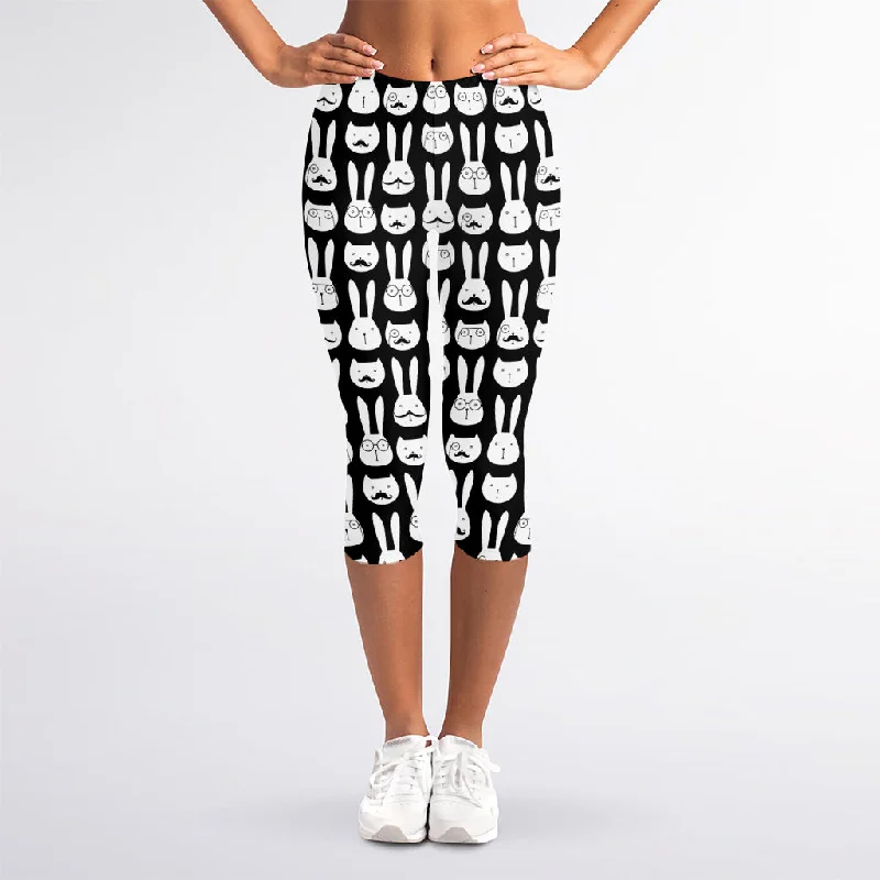 Rabbit And Cat Pattern Print Women's Capri Leggings Trendy Fitness Leggings