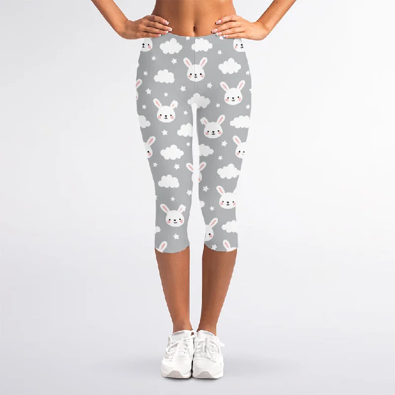 Rabbit And Cloud Pattern Print Women's Capri Leggings Cozy Lounge Pants Leggings