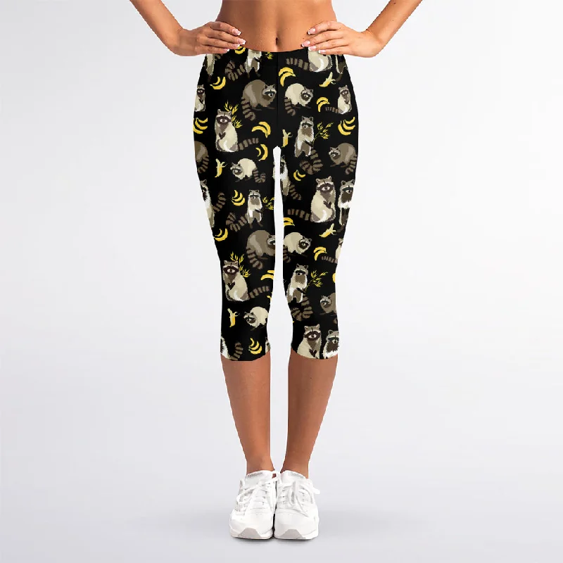 Raccoon And Banana Pattern Print Women's Capri Leggings Fashionable Smooth Fit Leggings Raccoon And Banana Pattern Print Women's Capri Leggings Fashionable Smooth Fit Leggings