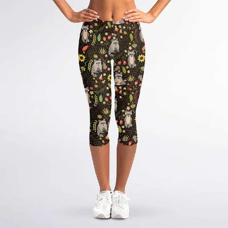 Raccoon And Floral Pattern Print Women's Capri Leggings Trendy Spandex Leggings