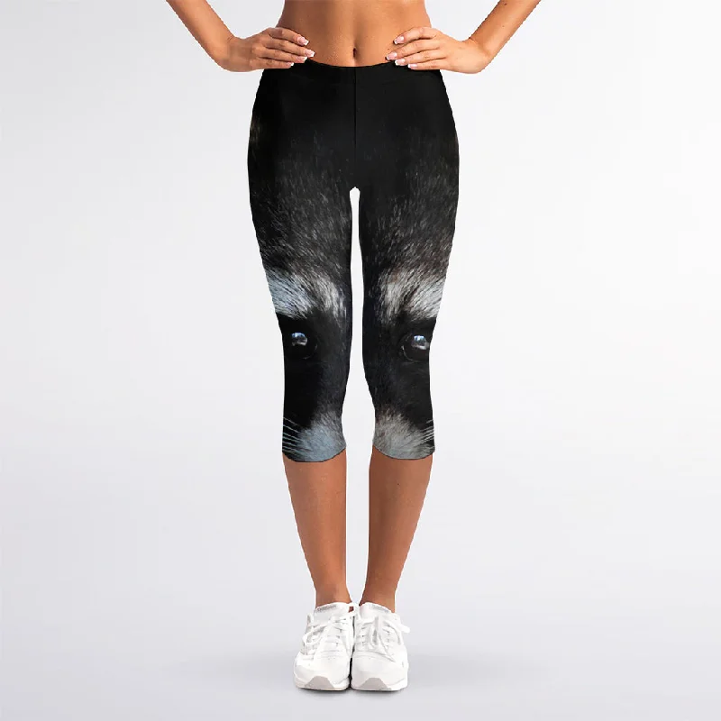 Raccoon Portrait Print Women's Capri Leggings Chic Printed Yoga Pants