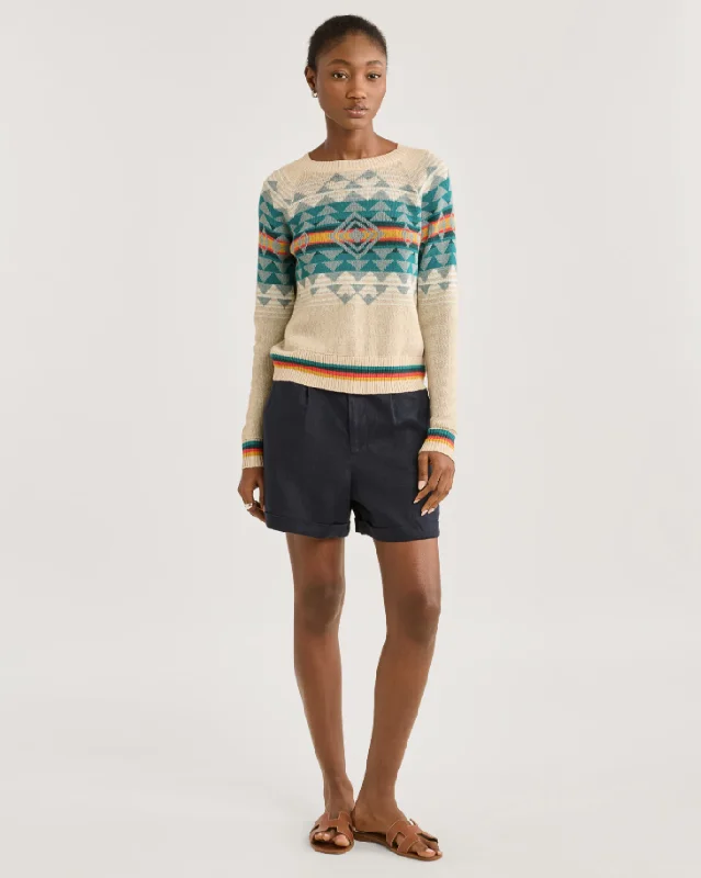 Raglan Cotton Graphic Sweater<br>Ivory Multi Highland Peak Embroidered Appliqued Beaded