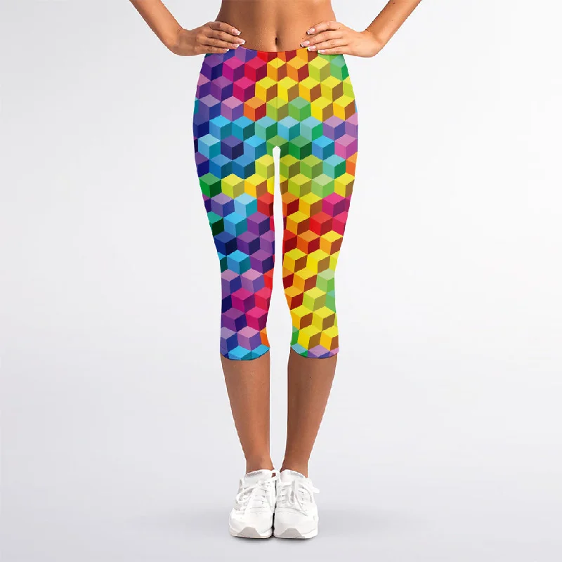 Rainbow Cubes Pattern Print Women's Capri Leggings Cozy Workout Performance Leggings Rainbow Cubes Pattern Print Women's Capri Leggings Cozy Workout Performance Leggings