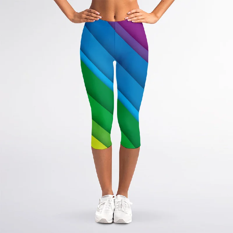 Rainbow Diagonal Lines Pattern Print Women's Capri Leggings Fashionable Floral Active Leggings Rainbow Diagonal Lines Pattern Print Women's Capri Leggings Fashionable Floral Active Leggings