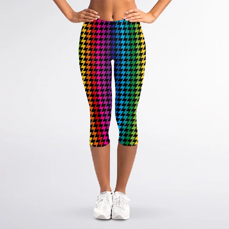 Rainbow Gay Pride Zigzag Pattern Print Women's Capri Leggings Elegant Stretchy Faux Leather Leggings Rainbow Gay Pride Zigzag Pattern Print Women's Capri Leggings Elegant Stretchy Faux Leather Leggings