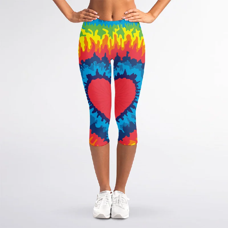 Rainbow Heart Tie Dye Print Women's Capri Leggings Trendy Side-Pocket Leggings