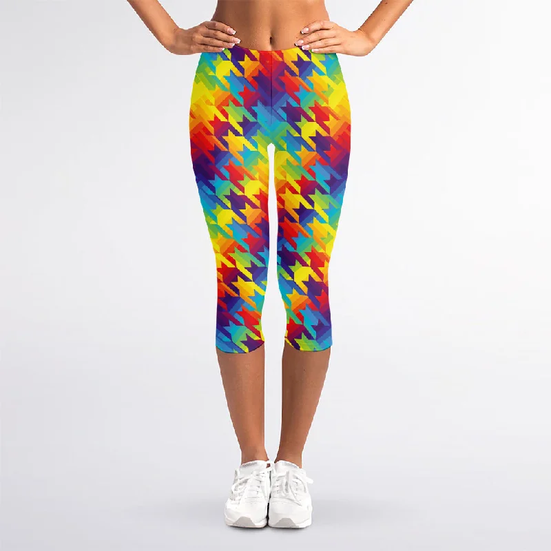 Rainbow Houndstooth Pattern Print Women's Capri Leggings Elegant Metallic Leggings