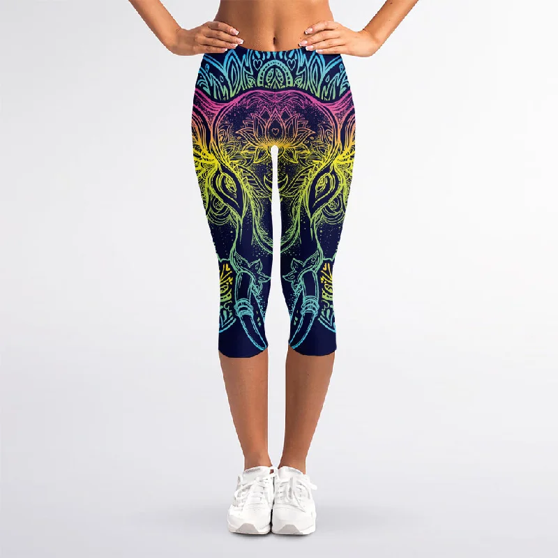 Rainbow Indian Elephant Print Women's Capri Leggings Stylish Faux Leather Leggings