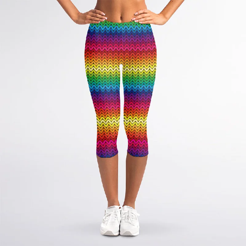 Rainbow Knitted Mexican Pattern Print Women's Capri Leggings Elegant Satin Finish Leggings Rainbow Knitted Mexican Pattern Print Women's Capri Leggings Elegant Satin Finish Leggings